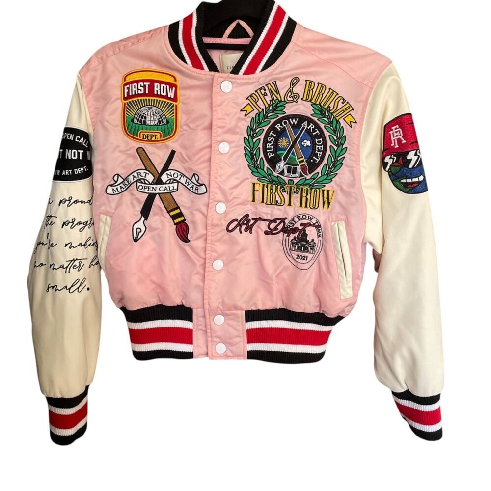 First Row Pen & Brush Cropped Varsity Jacket Pink White Patches Sz S